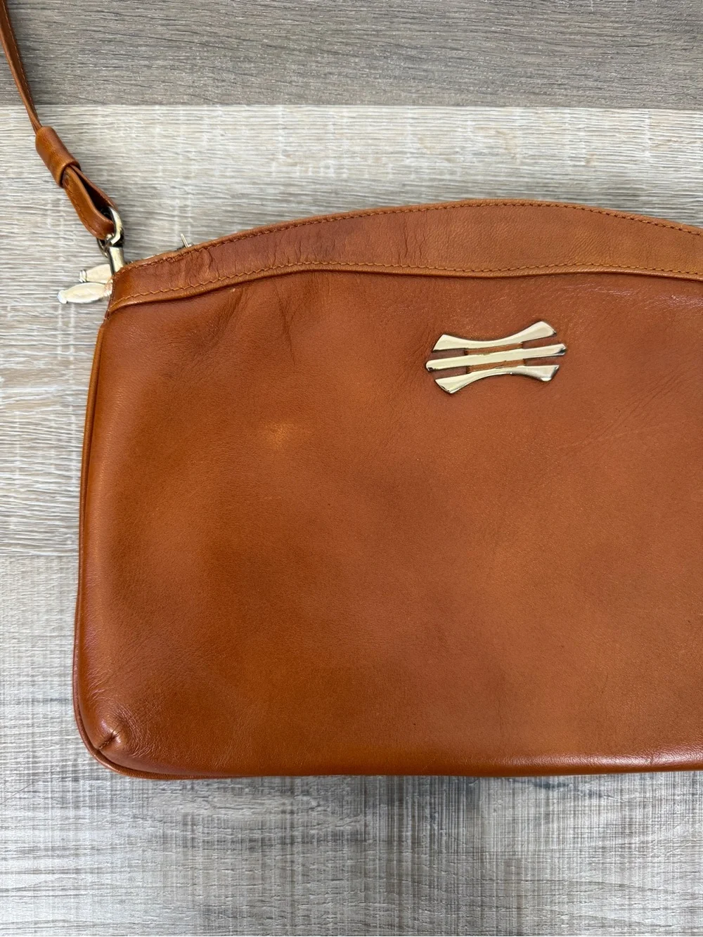 Vintage Brown Leather Double Zip Crossbody Shoulder Bag Purse